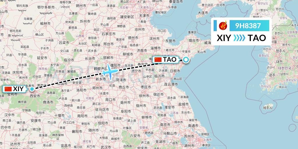 9H8387 Air Changan Flight Map: Xi'an to Qingdao