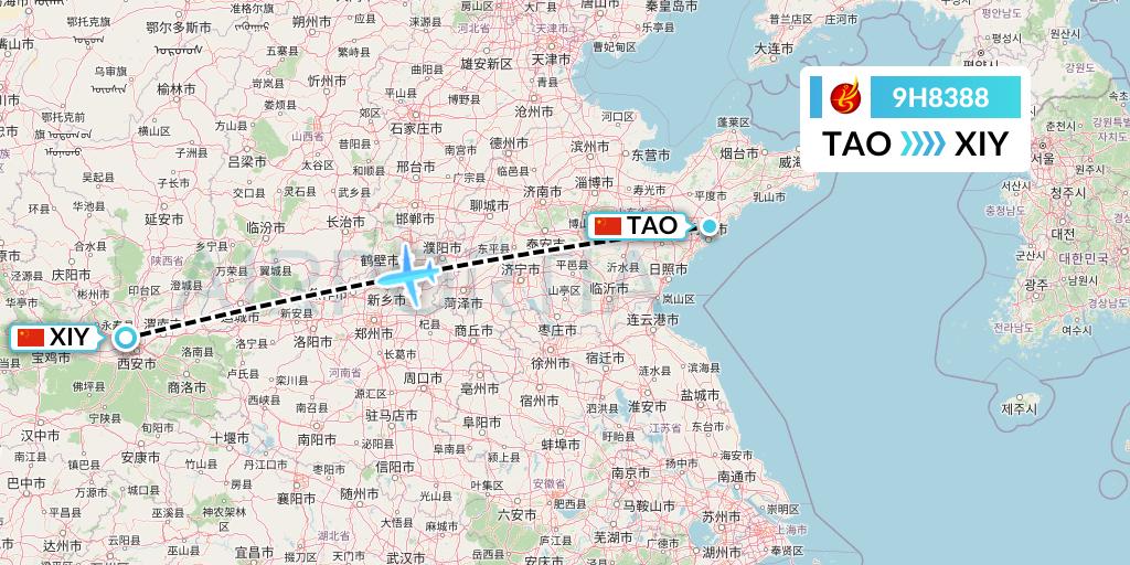 9H8388 Air Changan Flight Map: Qingdao to Xi'an