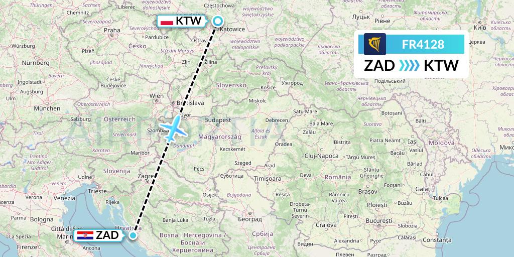 FR4128 Ryanair Flight Map: Zadar to Katowice
