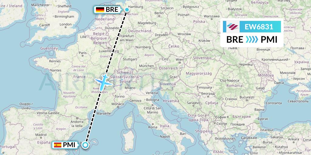 EW6831 Eurowings Flight Map: Bremen to Palma de Mallorca