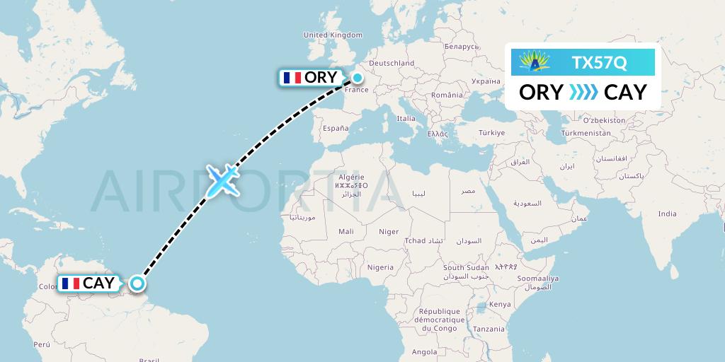 TX57Q Air Caraibes Flight Map: Paris to Cayenne