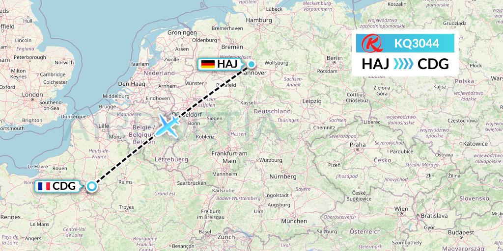 KQ3044 Kenya Airways Flight Map: Hannover to Paris