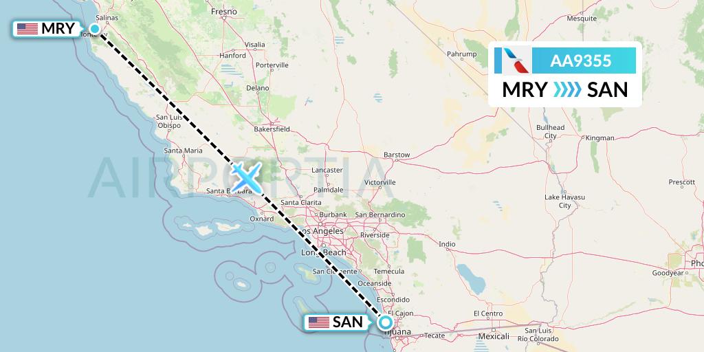 AA9355 American Airlines Flight Map: Monterey to San Diego