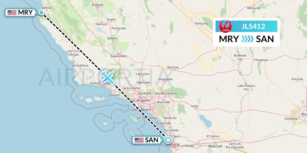 JL5412 Japan Airlines Flight Map: Monterey to San Diego