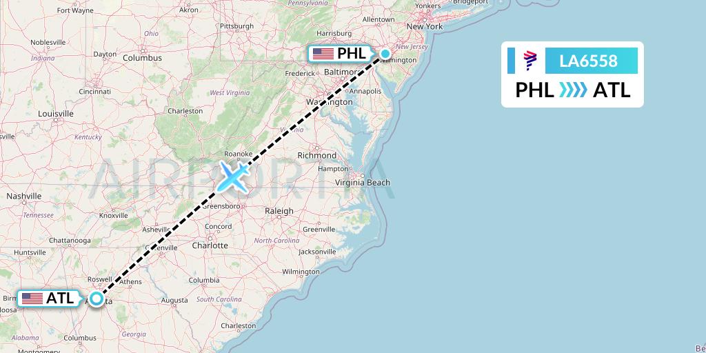 LA6558 LAN Airlines Flight Map: Philadelphia to Atlanta