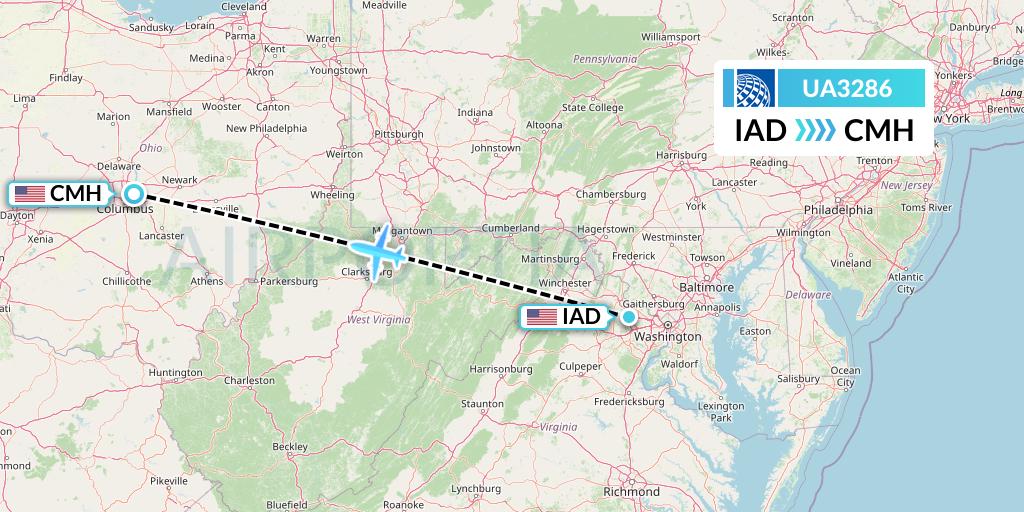 UA3286 United Airlines Flight Map: Washington to Columbus