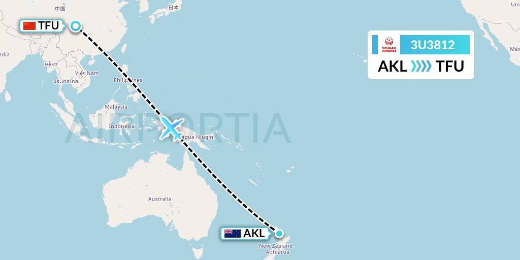 3U3812 Sichuan Airlines Flight Map: Auckland to Chengdu