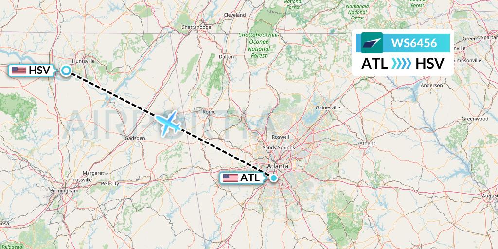 WS6456 WestJet Flight Map: Atlanta to Huntsville