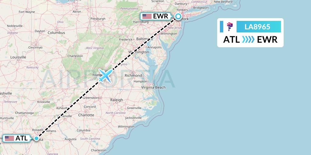 LA8965 LAN Airlines Flight Map: Atlanta to New York