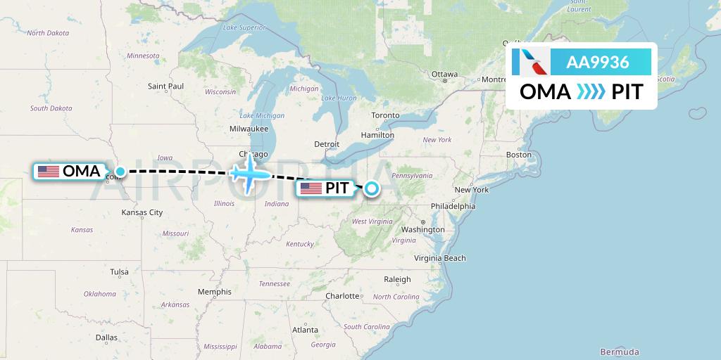 AA9936 American Airlines Flight Map: Omaha to Pittsburgh