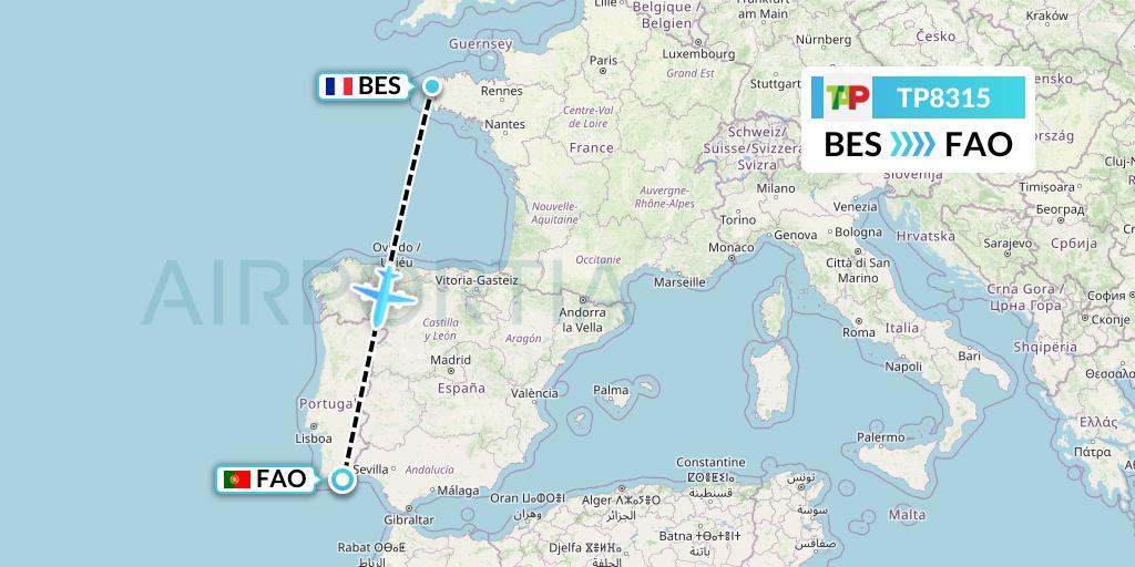 TP8315 TAP Portugal Flight Map: Brest to Faro