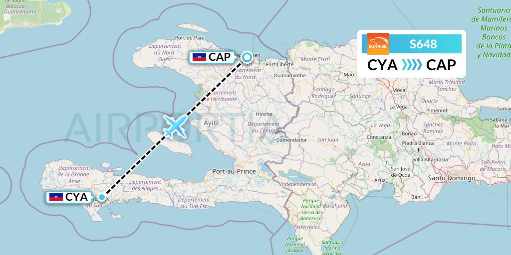 S648 Sunrise Airways Flight Map: Les Cayes to Cap-Haitien