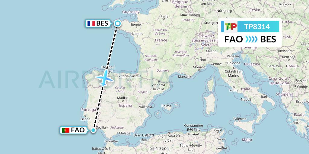 TP8314 TAP Portugal Flight Map: Faro to Brest