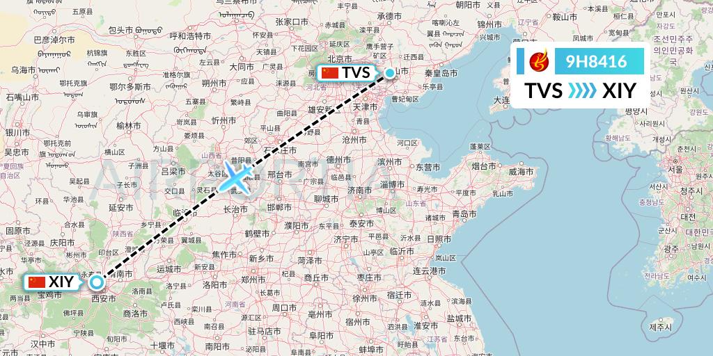 9H8416 Air Changan Flight Map: Tangshan to Xi'an