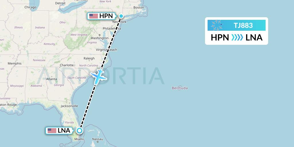 TJ883 Tradewind Aviation Flight Map: White Plains to West Palm Beach