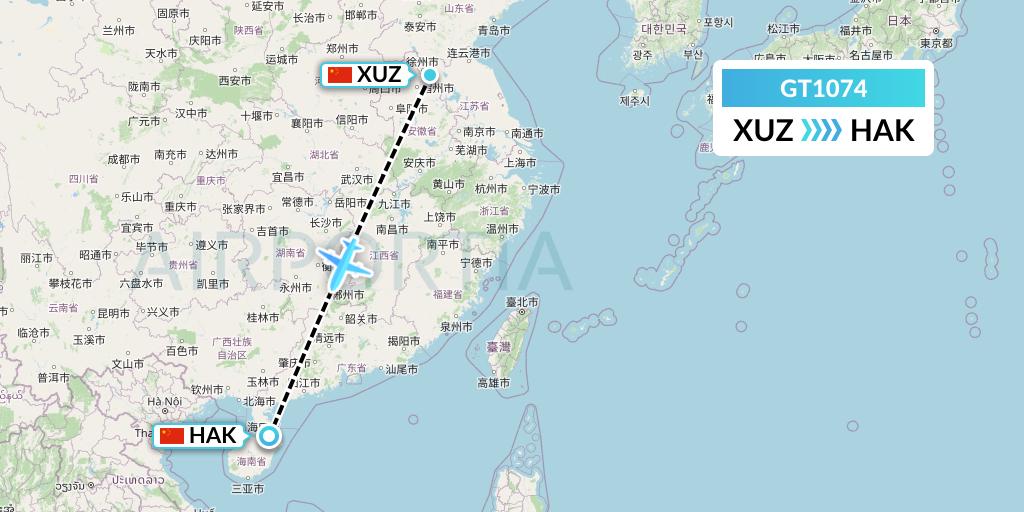 GT1074 Air Guilin Flight Map: Xuzhou to Haikou