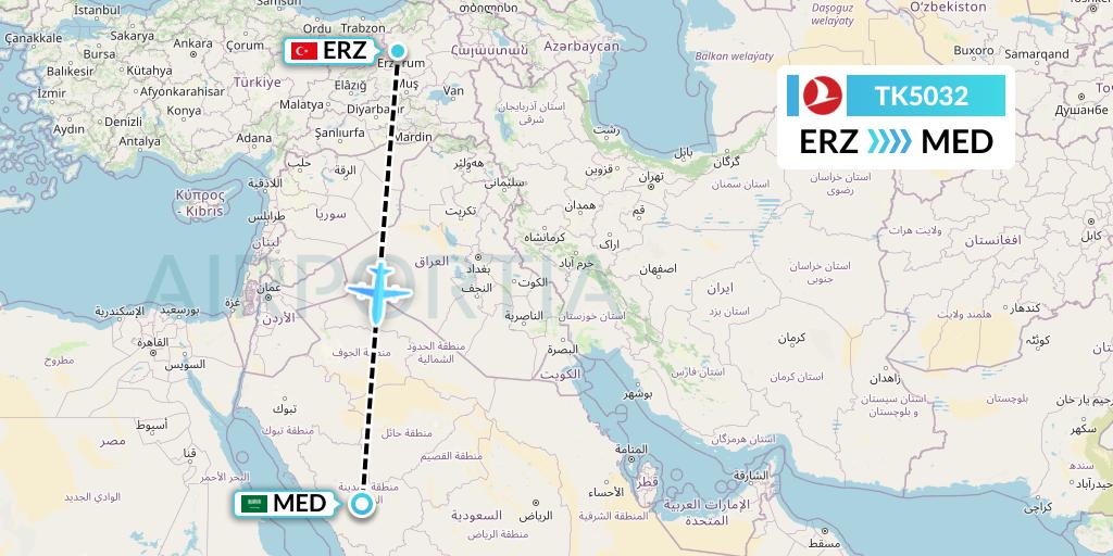 TK5032 Turkish Airlines Flight Map: Erzurum to Medina