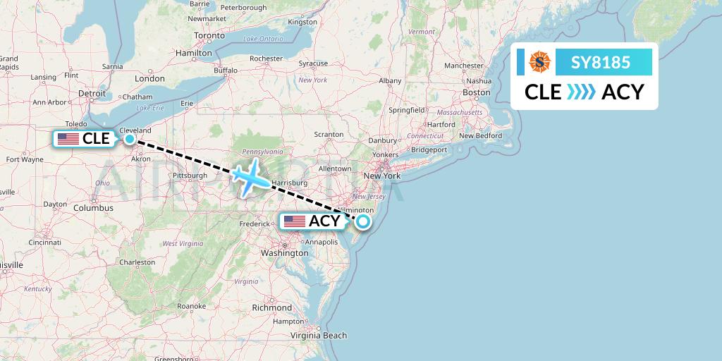 SY8185 Sun Country Airlines Flight Map: Cleveland to Atlantic City