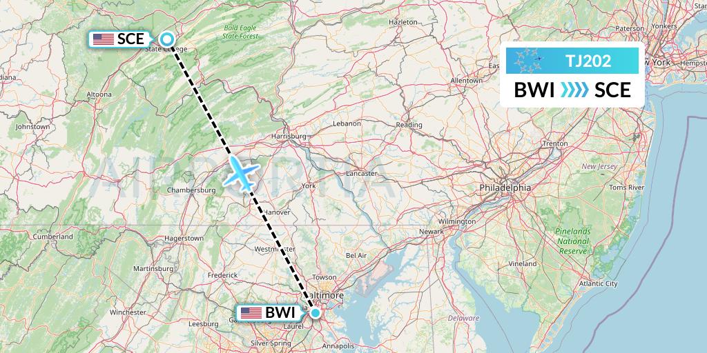 TJ202 Tradewind Aviation Flight Map: Baltimore to State College