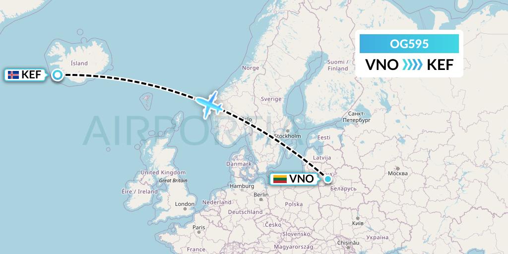 OG595 Fly Play Flight Map: Vilnius to Reykjavik