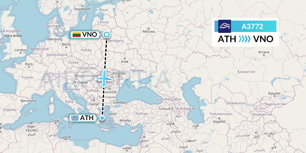 A3772 Aegean Airlines Flight Map: Athens to Vilnius