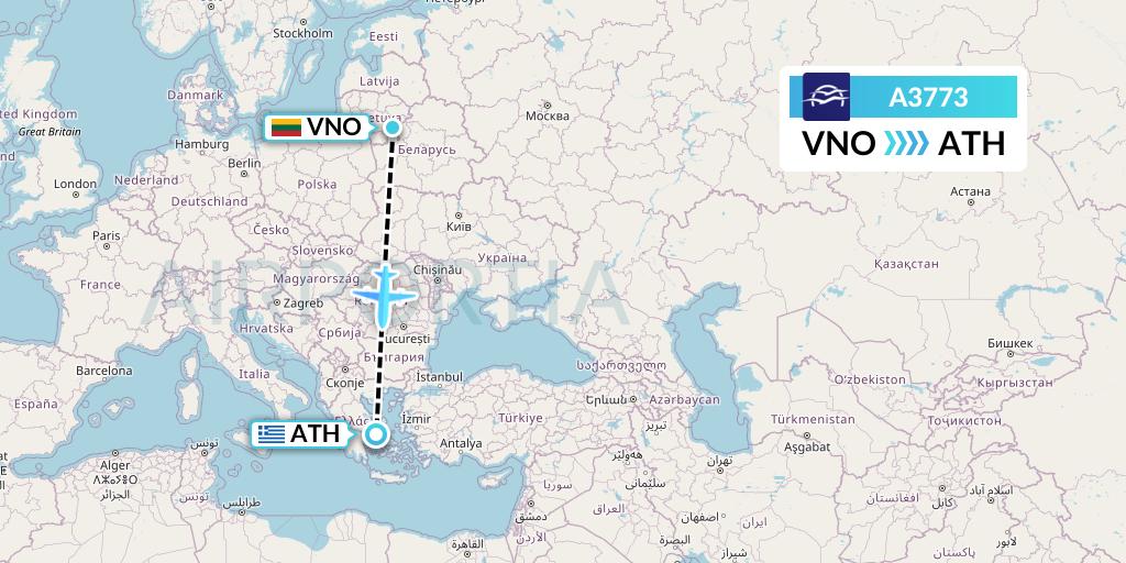 A3773 Aegean Airlines Flight Map: Vilnius to Athens