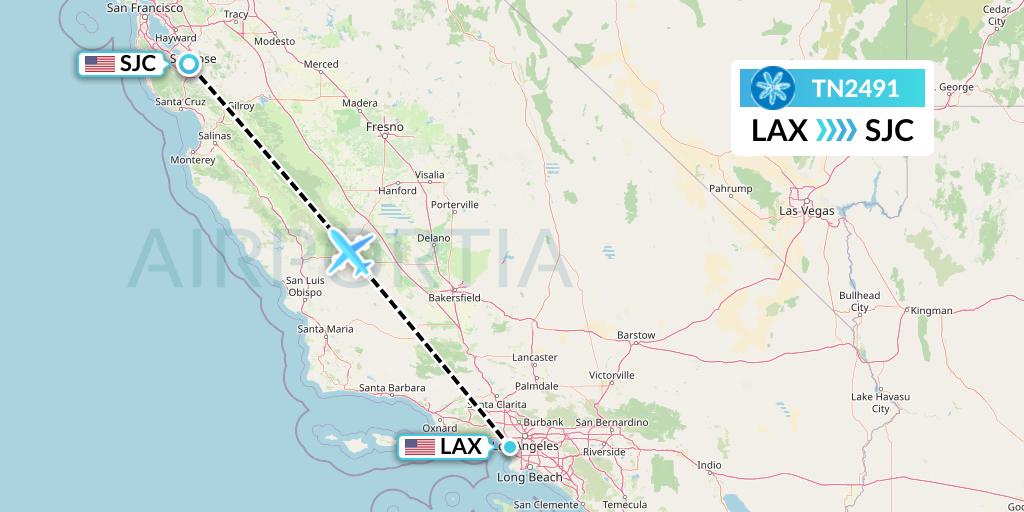 TN2491 Air Tahiti Nui Flight Map: Los Angeles to San Jose