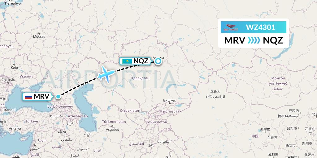 WZ4301 Red Wings Flight Map: Mineralnye Vody to Astana