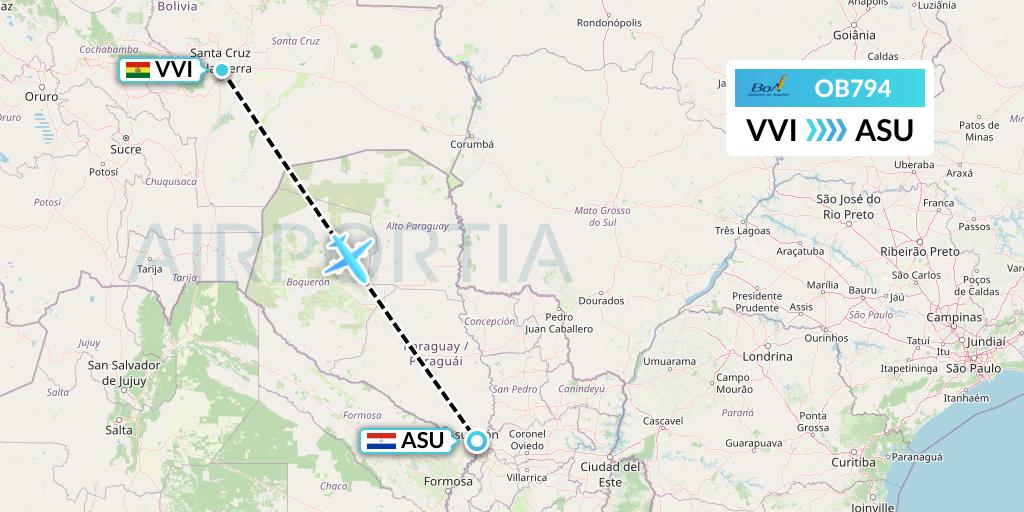 OB794 Boliviana de Aviacion Flight Map: Santa Cruz to Asuncion