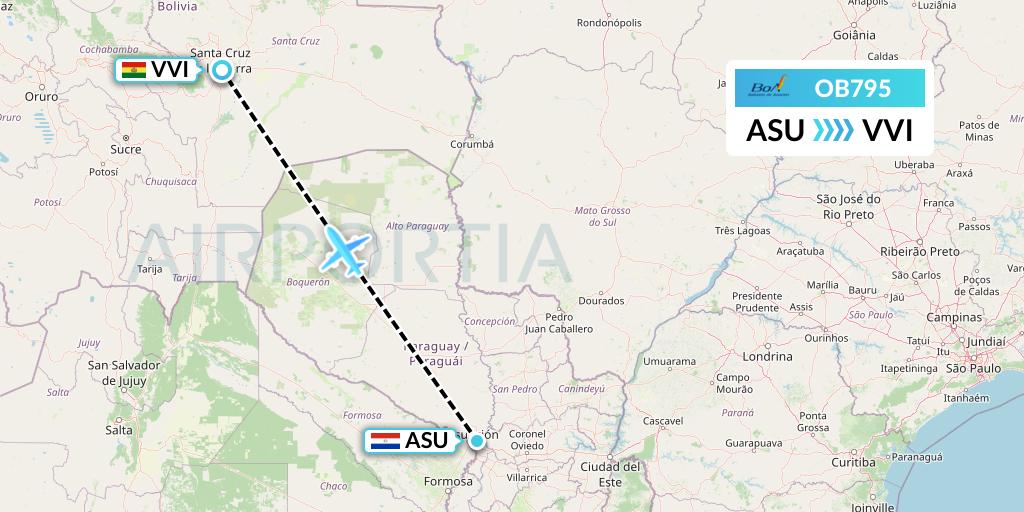 OB795 Boliviana de Aviacion Flight Map: Asuncion to Santa Cruz