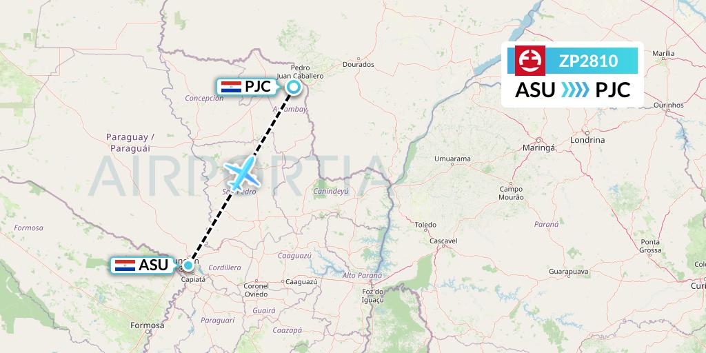 ZP2810 Paranair Flight Map: Asuncion to Pedro Juan Caballero