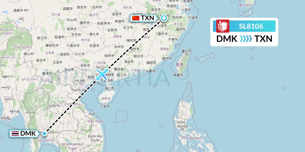 SL8106 Thai Lion Air Flight Map: Bangkok to Huangshan City