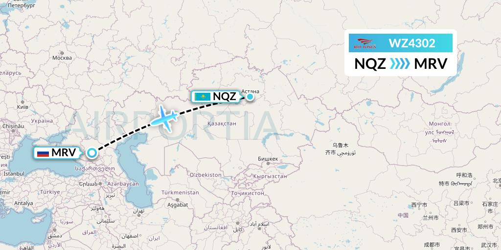 WZ4302 Red Wings Flight Map: Astana to Mineralnye Vody