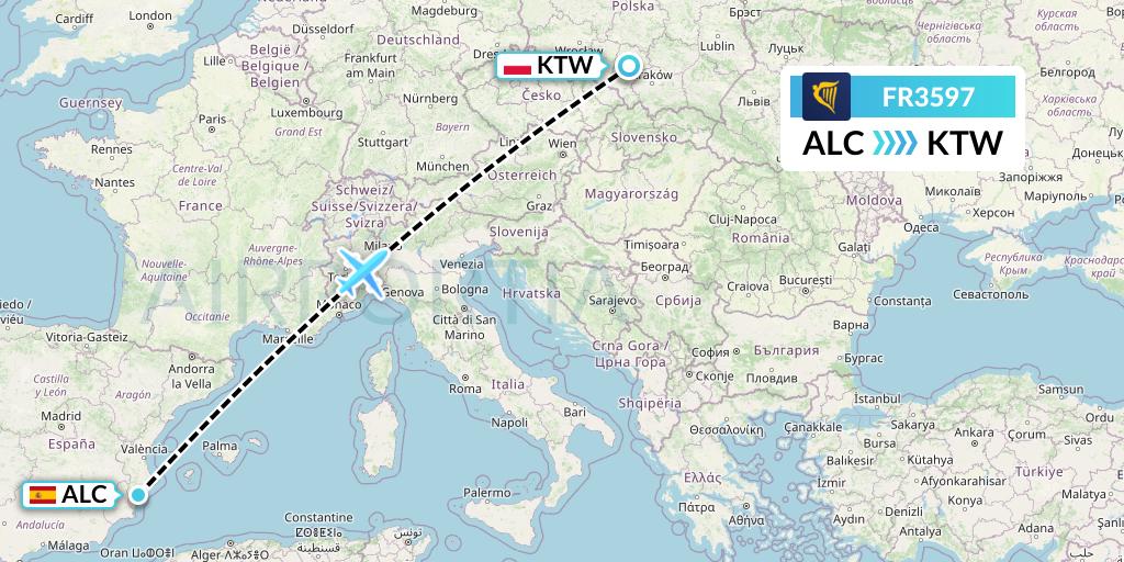FR3597 Ryanair Flight Map: Alicante to Katowice