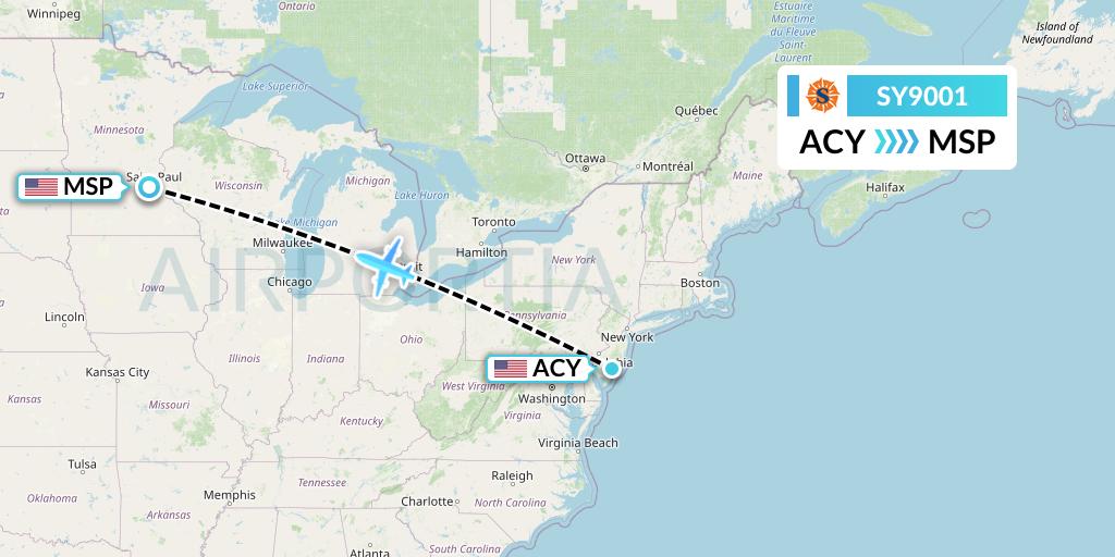 SY9001 Sun Country Airlines Flight Map: Atlantic City to Minneapolis