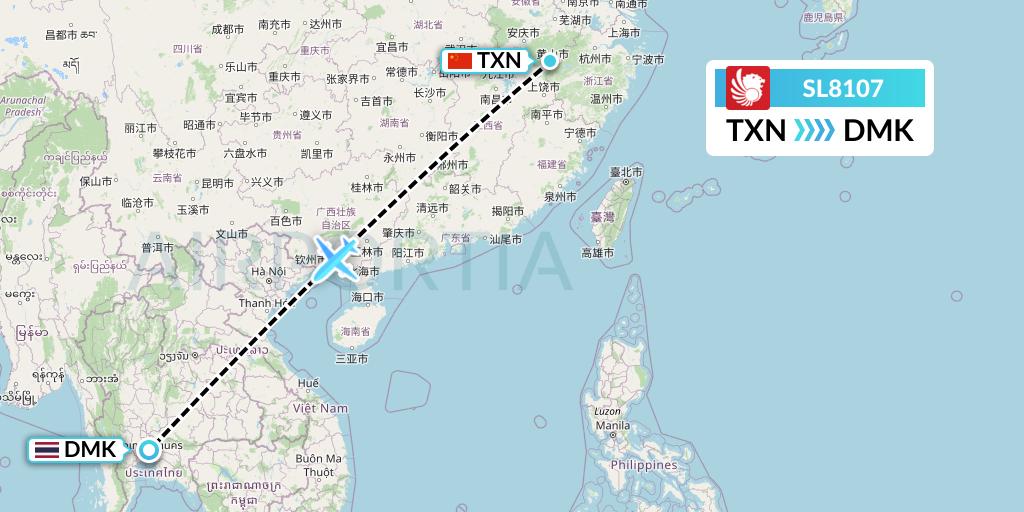 SL8107 Thai Lion Air Flight Map: Huangshan City to Bangkok