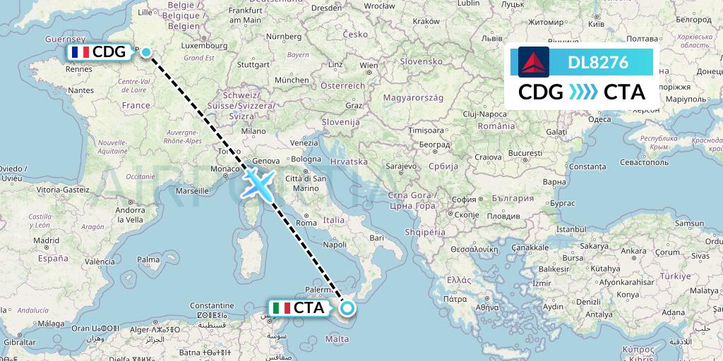 DL8276 Delta Air Lines Flight Map: Paris to Catania