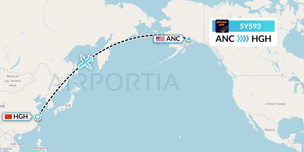 5Y593 Atlas Air Flight Map: Anchorage to Hangzhou
