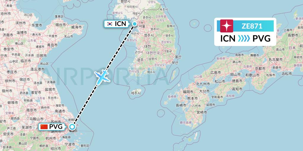 ZE871 Eastar Jet Flight Map: Seoul to Shanghai