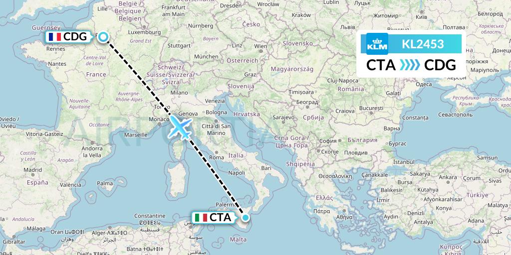 KL2453 KLM Flight Map: Catania to Paris