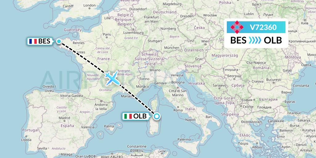 V72360 Volotea Flight Map: Brest to Olbia
