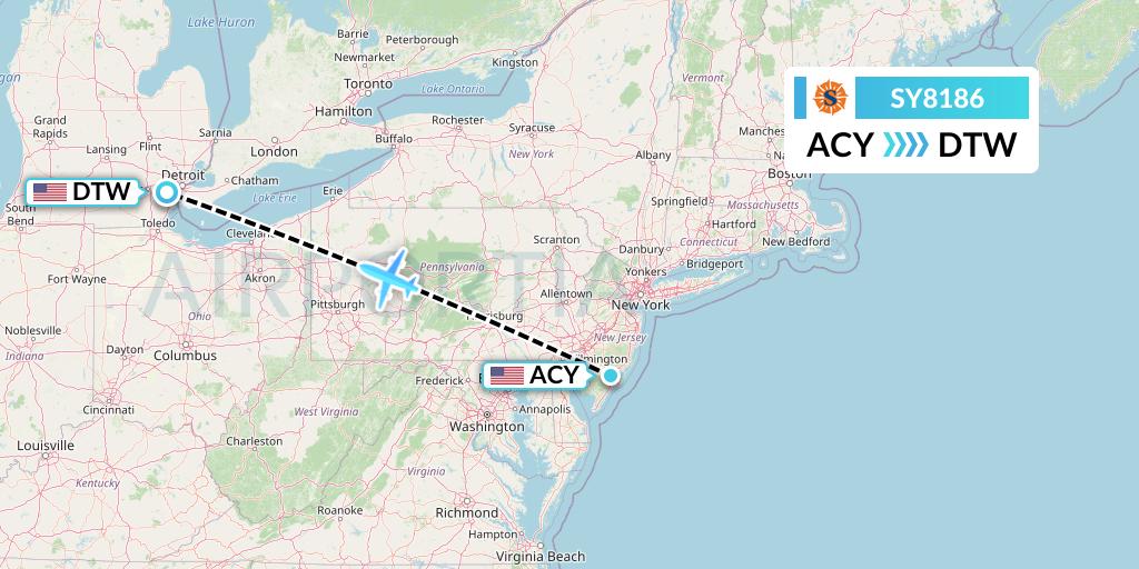 SY8186 Sun Country Airlines Flight Map: Atlantic City to Detroit