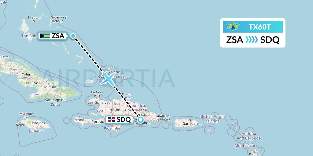 TX60T Air Caraibes Flight Map: San Salvador to Santo Domingo