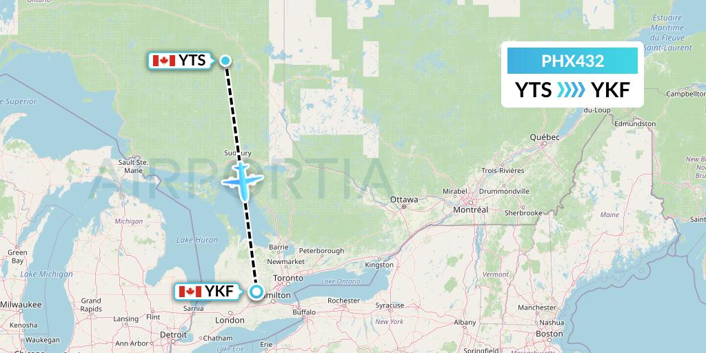 PHX432 SkyCare Flight Map: Timmins to Waterloo