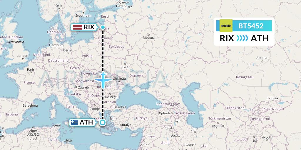 BT5452 Air Baltic Flight Map: Riga to Athens