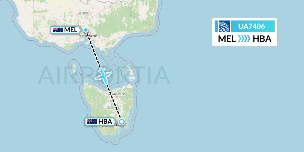 UA7406 United Airlines Flight Map: Melbourne to Hobart