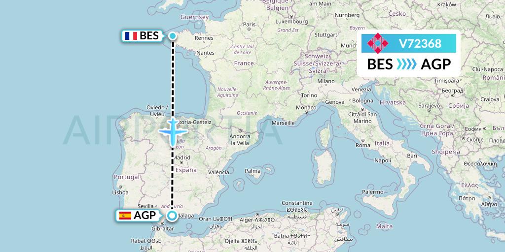 V72368 Volotea Flight Map: Brest to Malaga