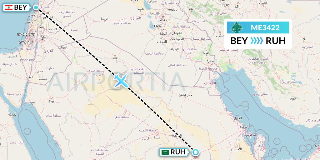 ME3422 MEA Flight Map: Beirut to Riyadh