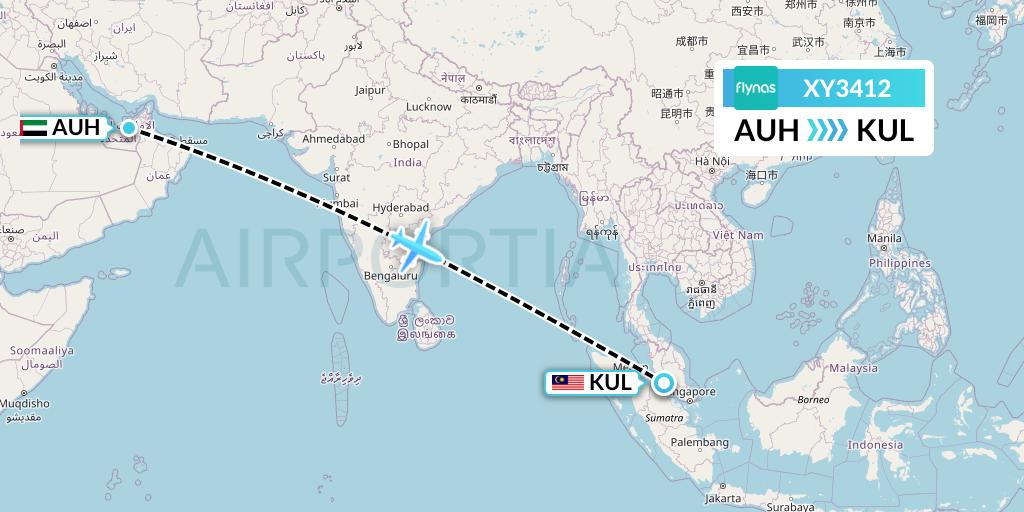 XY3412 Flynas Flight Map: Abu Dhabi to Kuala Lumpur