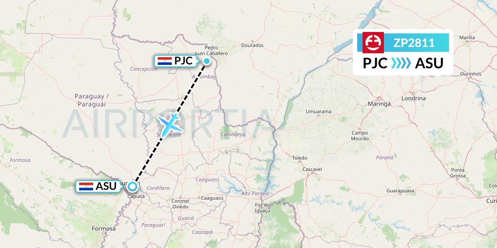 ZP2811 Paranair Flight Map: Pedro Juan Caballero to Asuncion